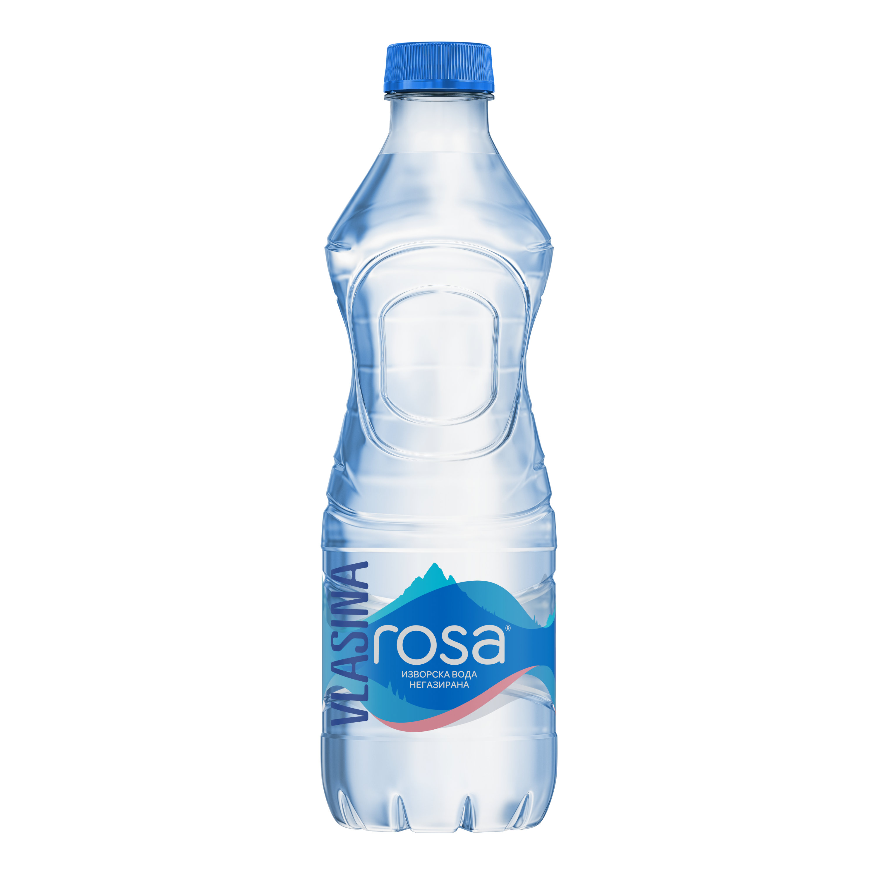 Shishe plastike uji burimi Rosa pa gaz me kapak blu në sfond të bardhë.