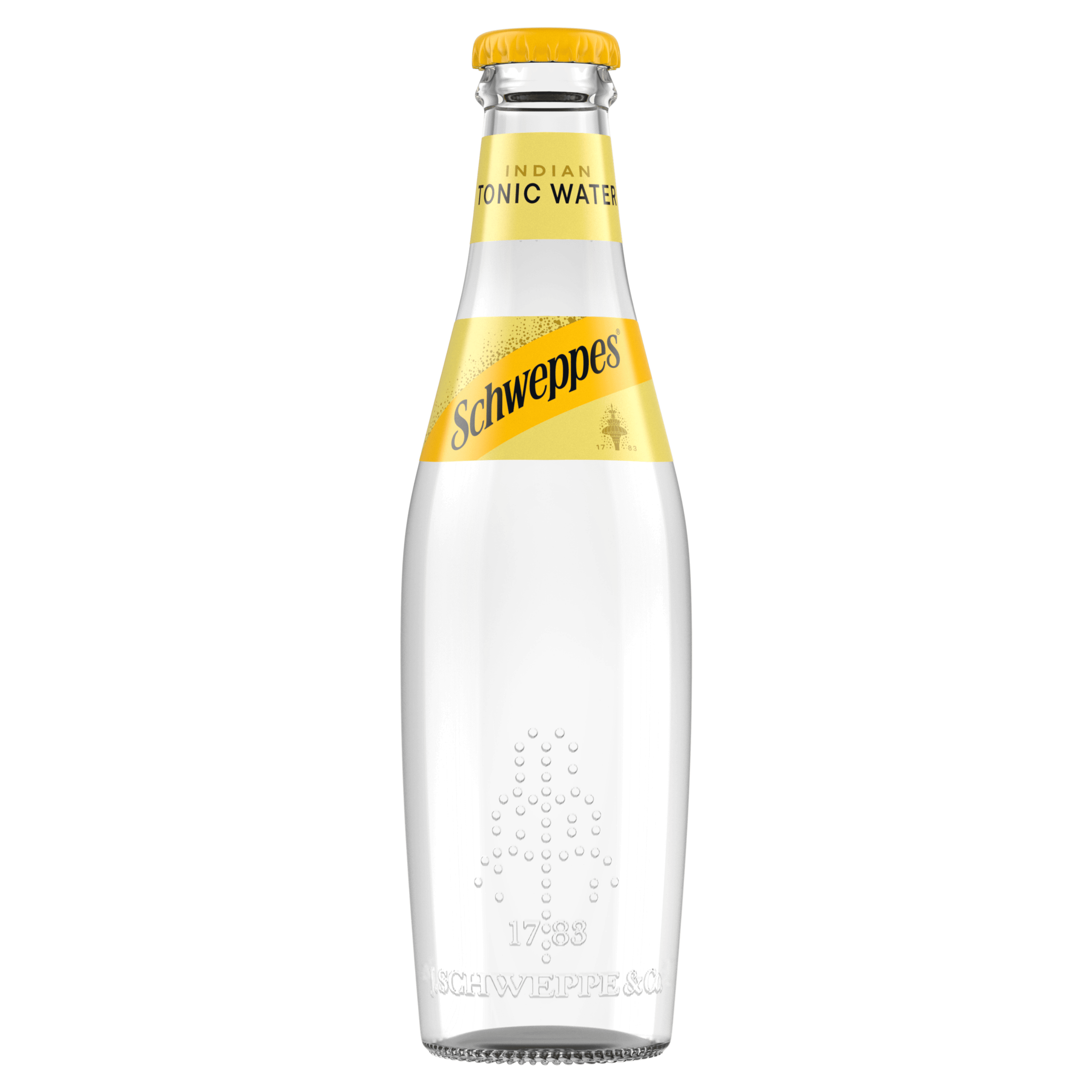 Shishe Schweppes Indian Tonic Water me kapak të verdhë dhe lëng të tejdukshëm.