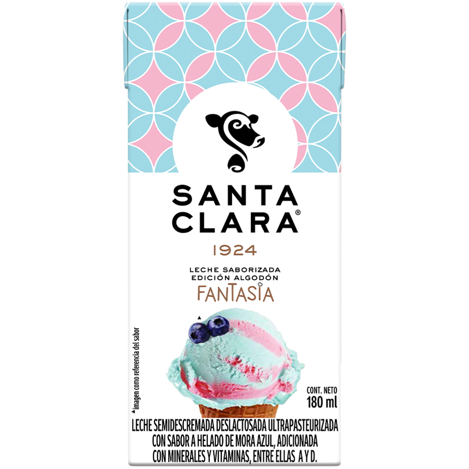 Empaque de Leche Saborizada Santa Clara de Algodón de Fantasía de 180 mililitros.