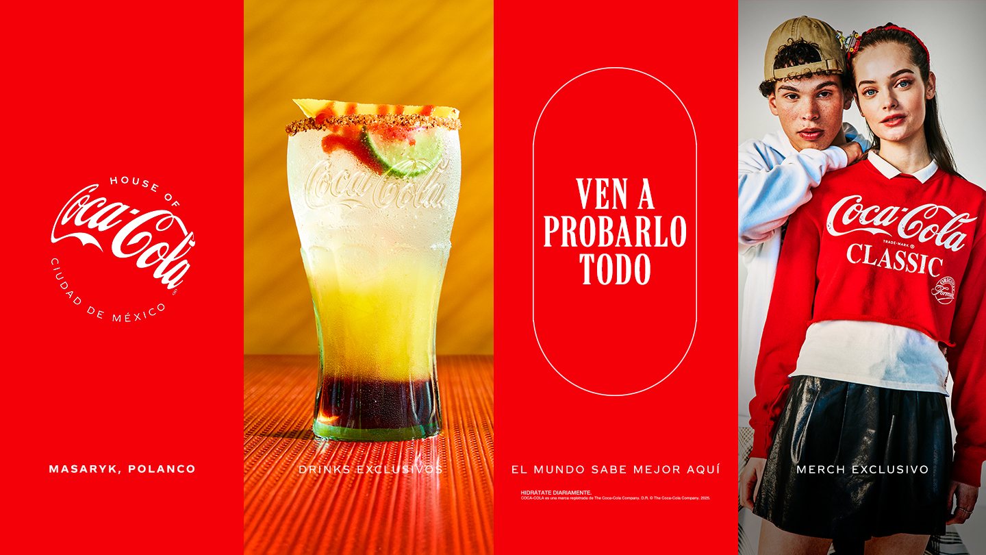 Bebida exclusiva de House of Coca-Cola servida en vaso de vidrio con limón y borde escarchado, sobre fondo amarillo.​