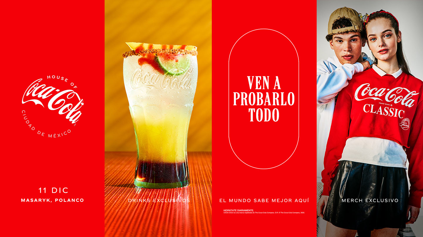 Bebida exclusiva de House of Coca-Cola servida en vaso de vidrio con limón y borde escarchado, sobre fondo amarillo.​