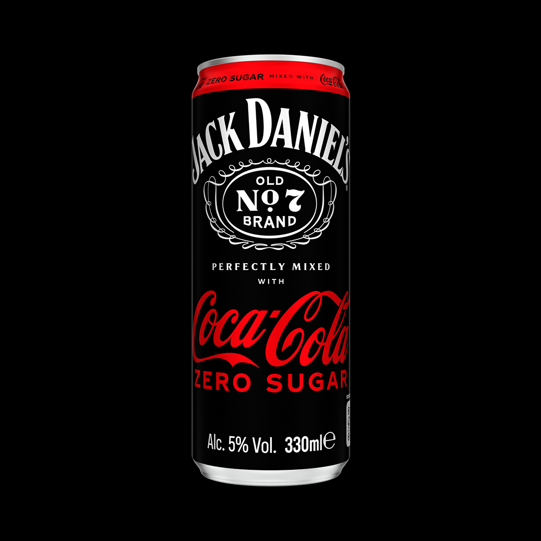 Image en gros plan d'une canette noire de Jack Daniel's & Coca-Cola Zero Sugar, recouverte de gouttelettes d'eau. Le logo de Jack Daniel's (No. 7) et Coca-Cola Zero Sugar est clairement visible.