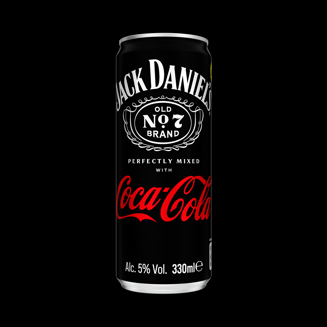 Image en gros plan d'une canette noire de Jack Daniel's & Coca-Cola, recouverte de gouttelettes d'eau. Le logo de Jack Daniel's (No. 7) et Coca-Cola est clairement visible.