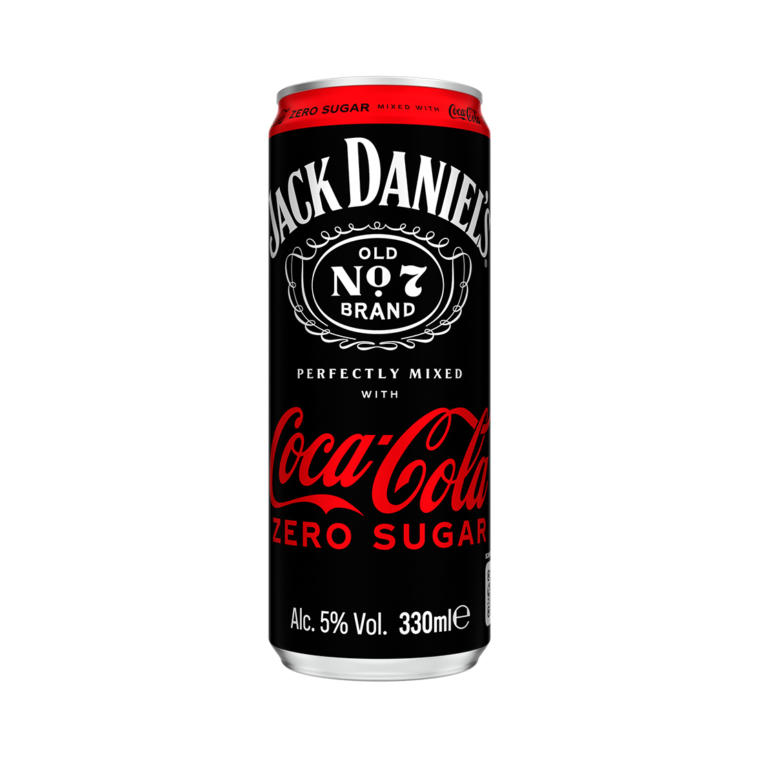 Image en gros plan d'une canette noire de Jack Daniel's & Coca-Cola Zero Sugar. Sur la canette figure le logo de Jack Daniel's (No. 7) et le texte "Tennessee Whiskey mixed with Coca-Cola Zero Sugar", ainsi qu'une mention de 5,0% de teneur en alcool.