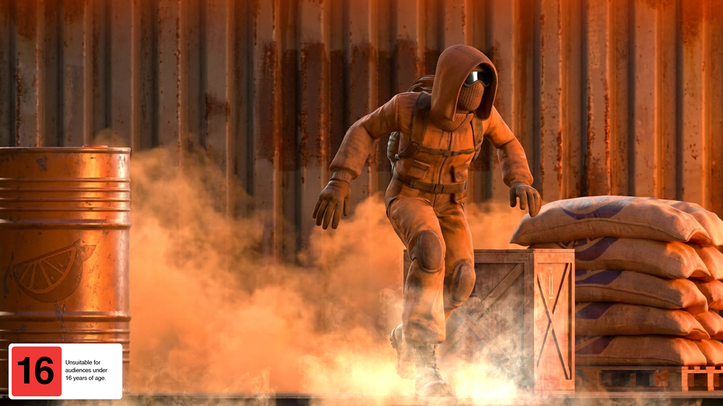 A Halo character stealthily infiltrates a base at dusk. 