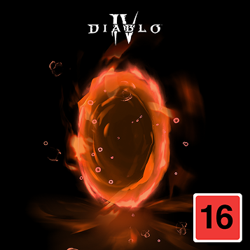 A glowing orange portal against a black background, under a Diablo IV logo.