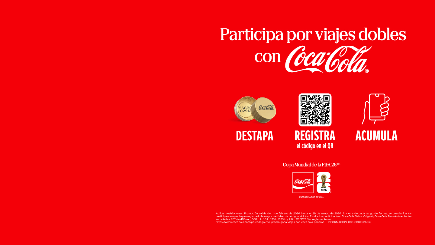 Un anuncio de Coca-Cola sobre un fondo rojo intenso, promocionando la oportunidad de ganar viajes dobles a la Copa Mundial de la FIFA 26™. La imagen ilustra tres pasos clave con iconos e incluye los logos de Coca-Cola y FIFA 26™ más texto informativo.