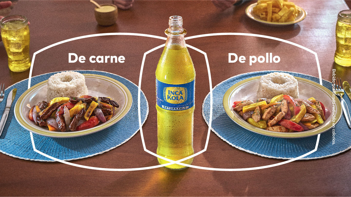 Sobre una mesa de madera, están dispuestos dos platos de comida. Uno con Saltado de Pollo, y otro con Saltado de Carne. Están acompañados por una botella retornable de Inca Kola y dos vasos de vidrio con Inca Kola en su interior.