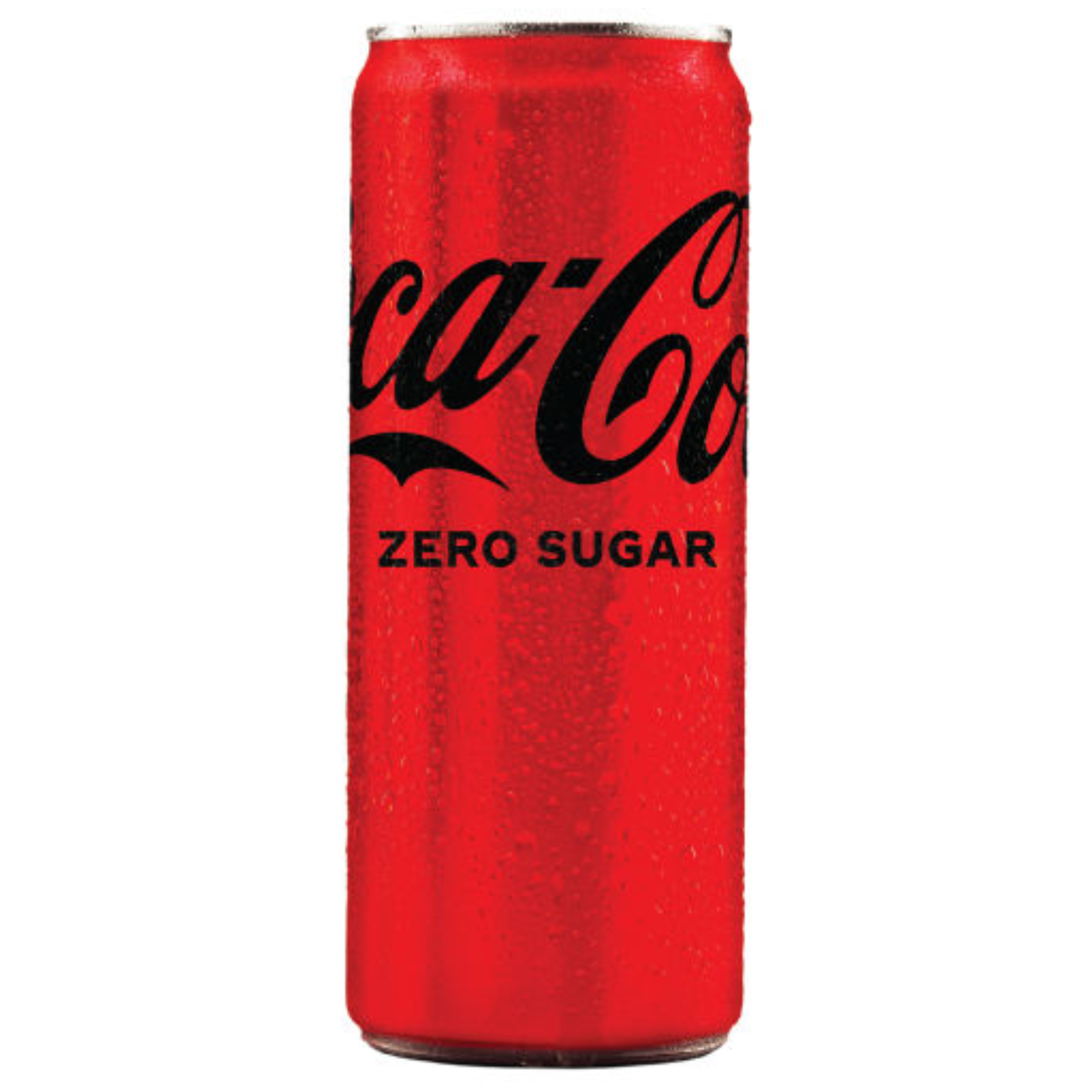 Crvena limenka Coca-Cola Zero Sugar sa crnim logotipom i kapljicama