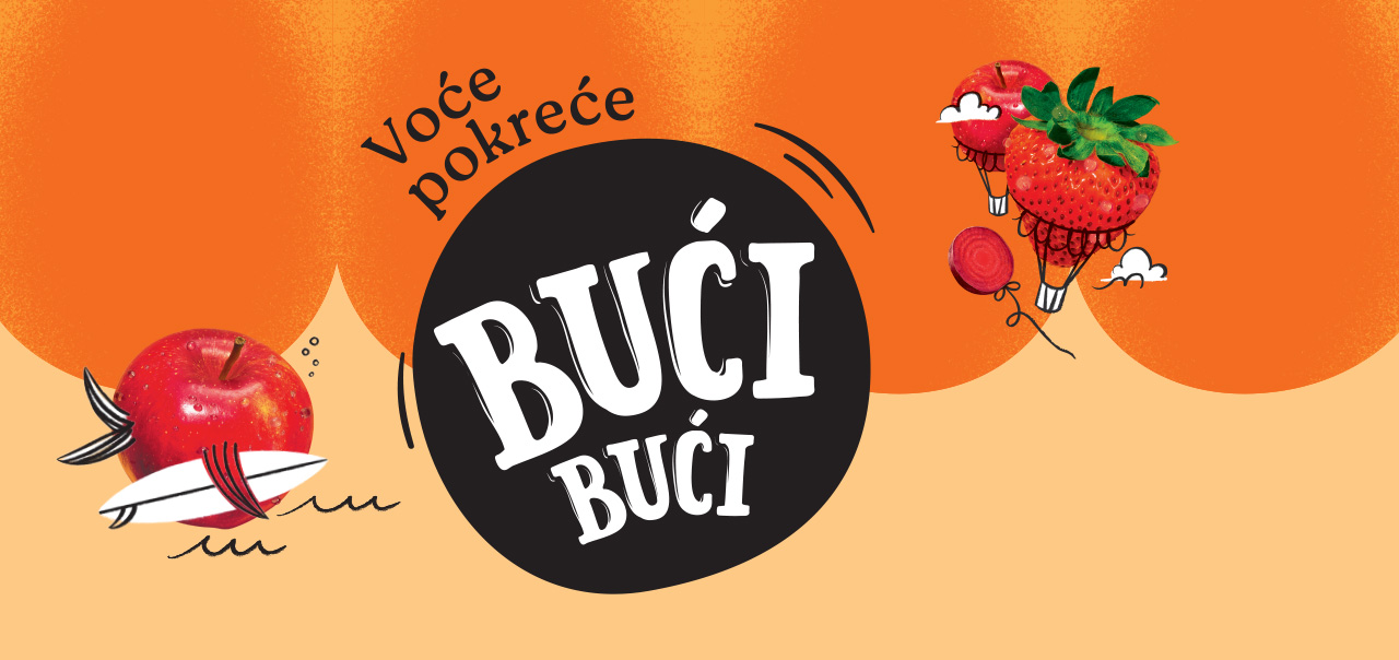 Ilustracija sa natpisom „Voće pokreće Bući Bući“, prikazuje crvenu jabuku na dasci za surfovanje i jagode kao balone u vedrom, narandžasto-žutom okruženju