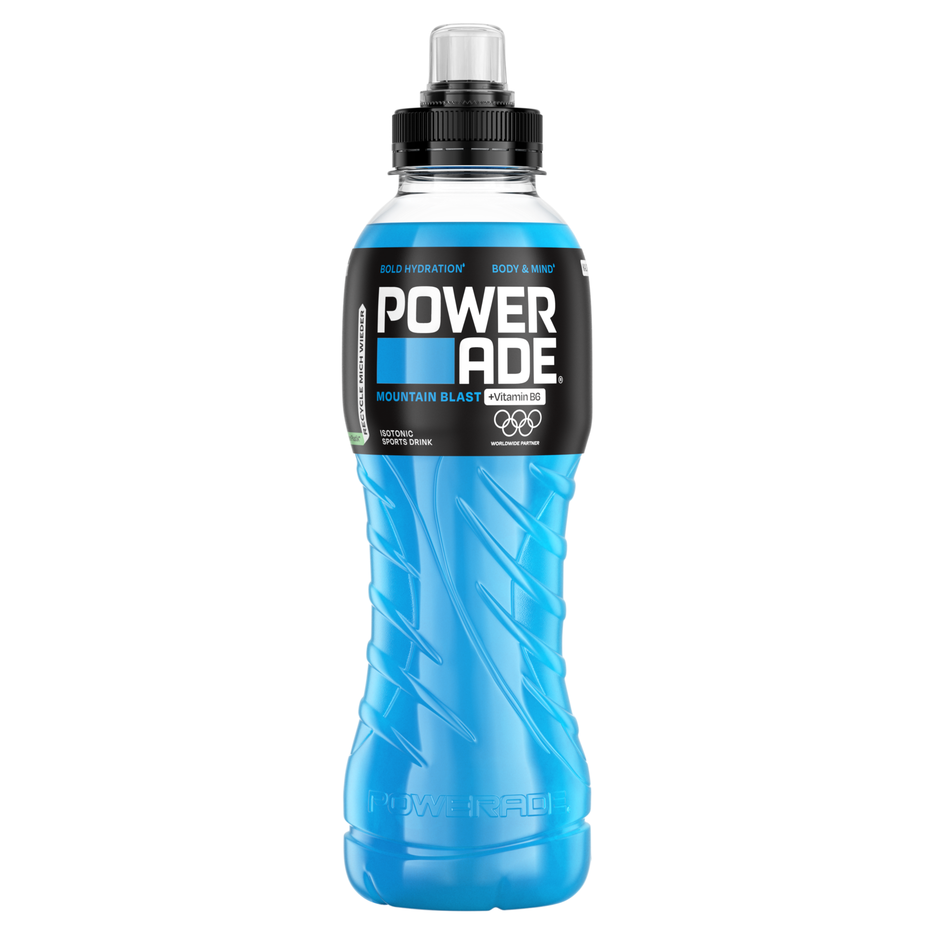 Flaša Powerade sportskog pića plave boje sa crno-plavom etiketom i providnim sportskim čepom