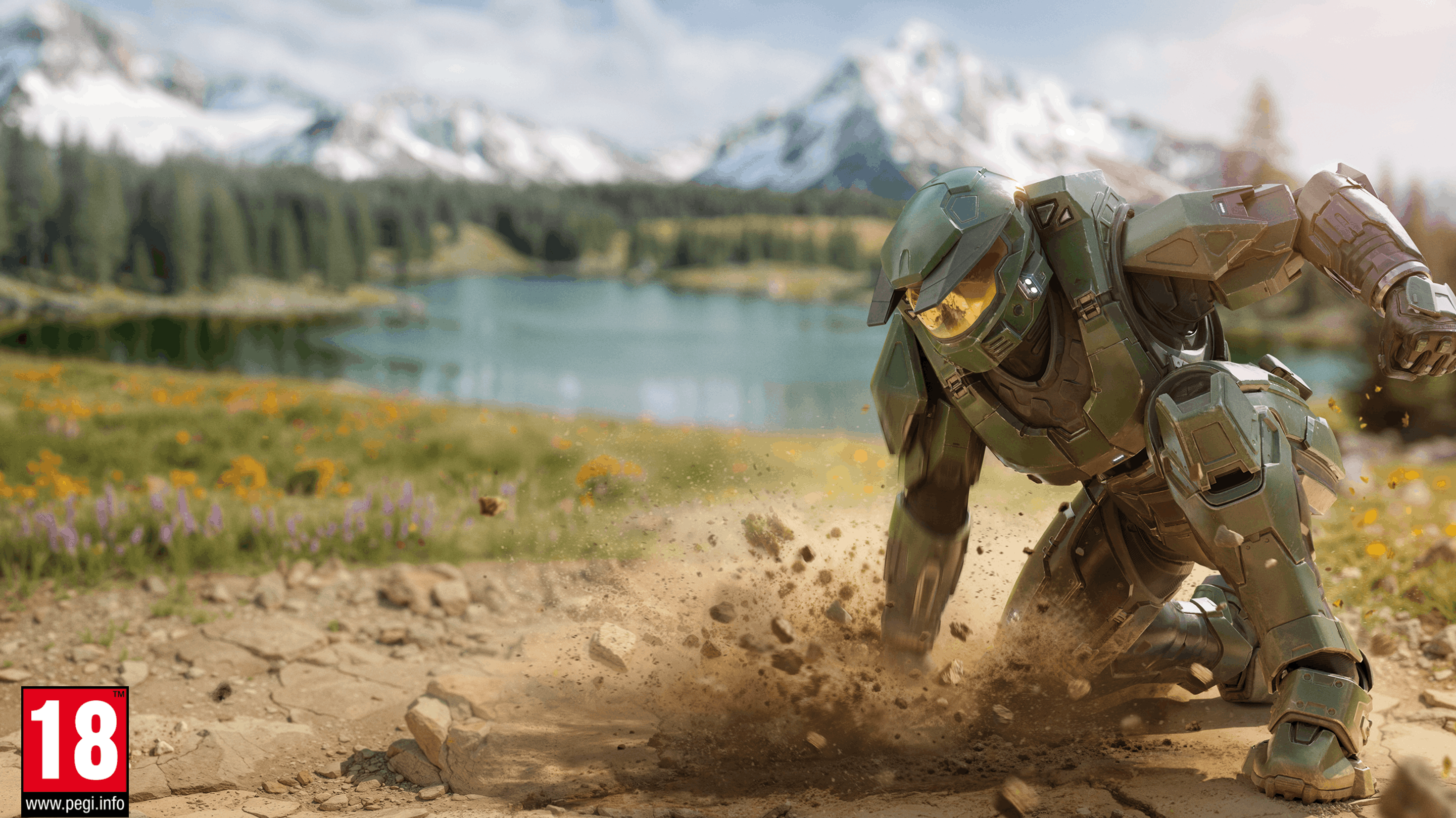 An armored soldier lands with a crash in front of a lake and mountain landscape