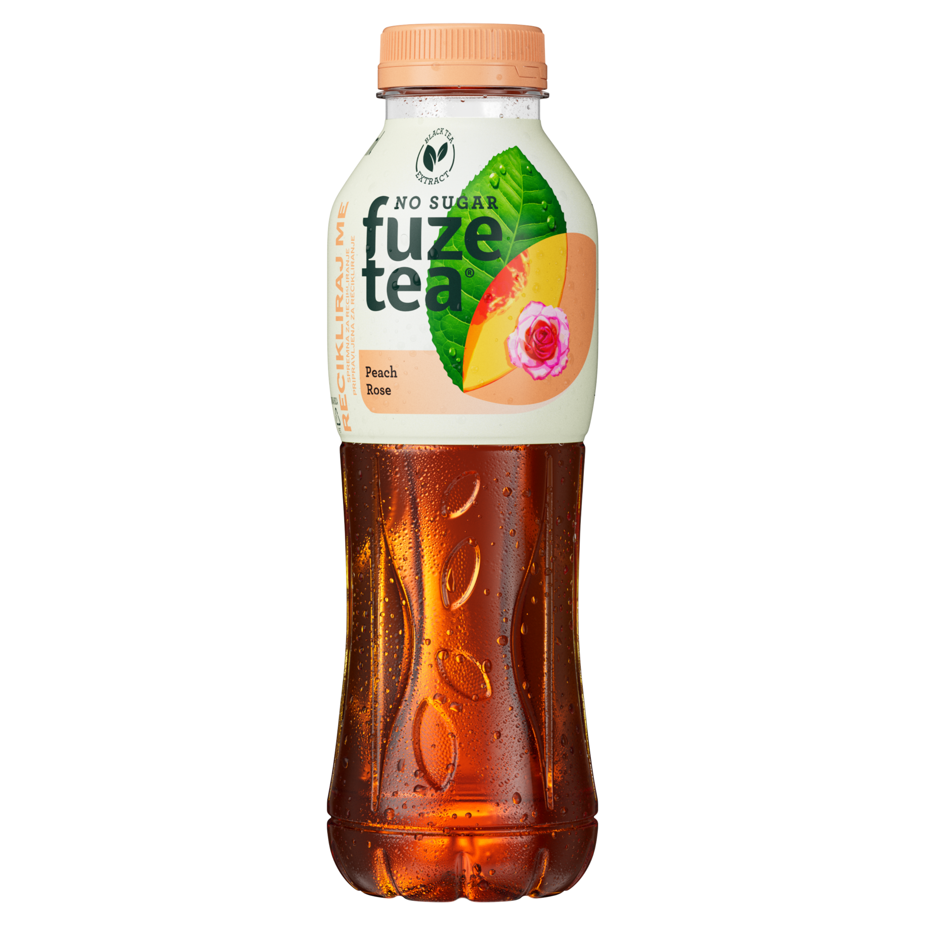 Posamezna plastenka vsebuje pijačo Fuzetea No sugar breskev in vrtnica.