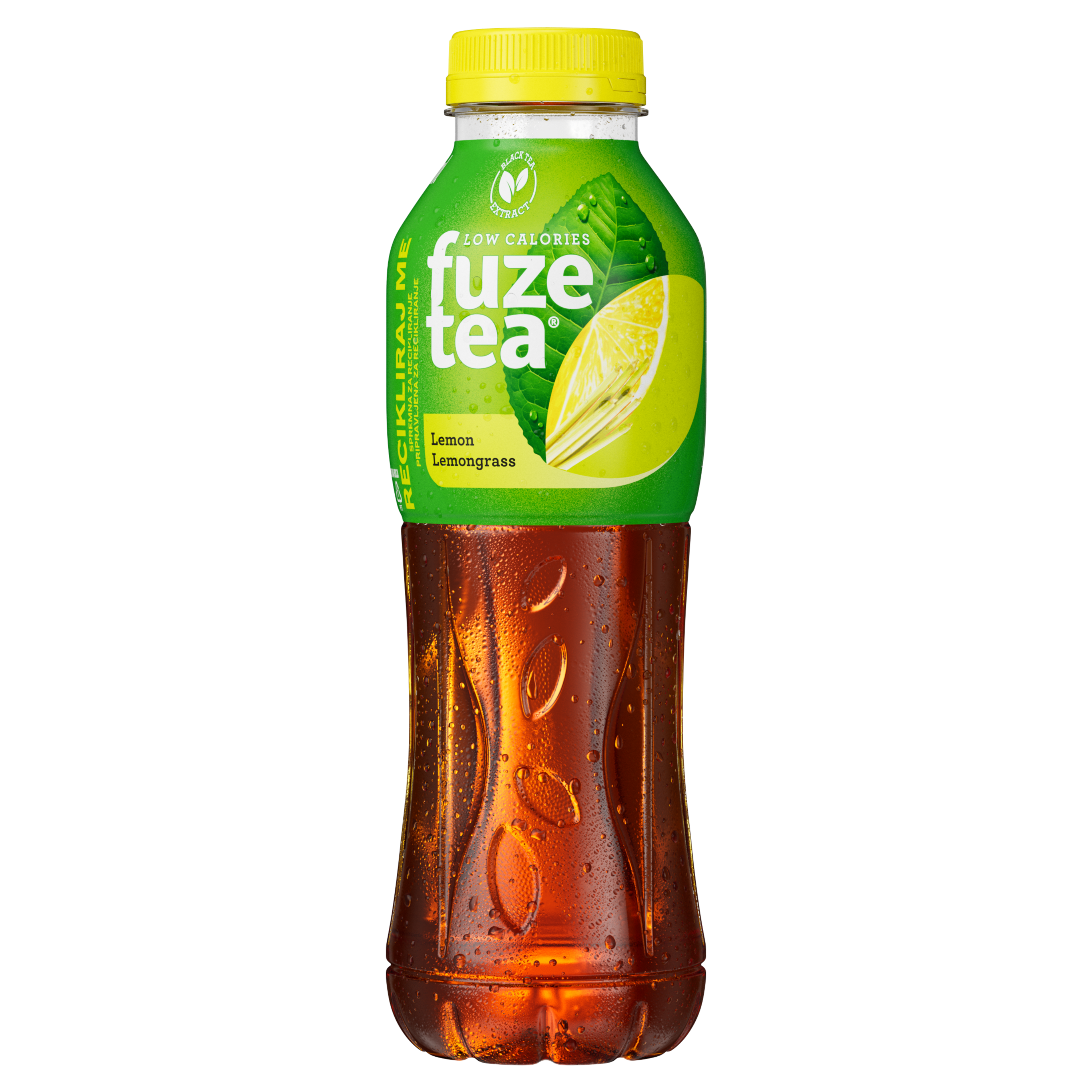 Posamezna plastenka vsebuje pijačo Fuzetea Lemon Lemongrass.