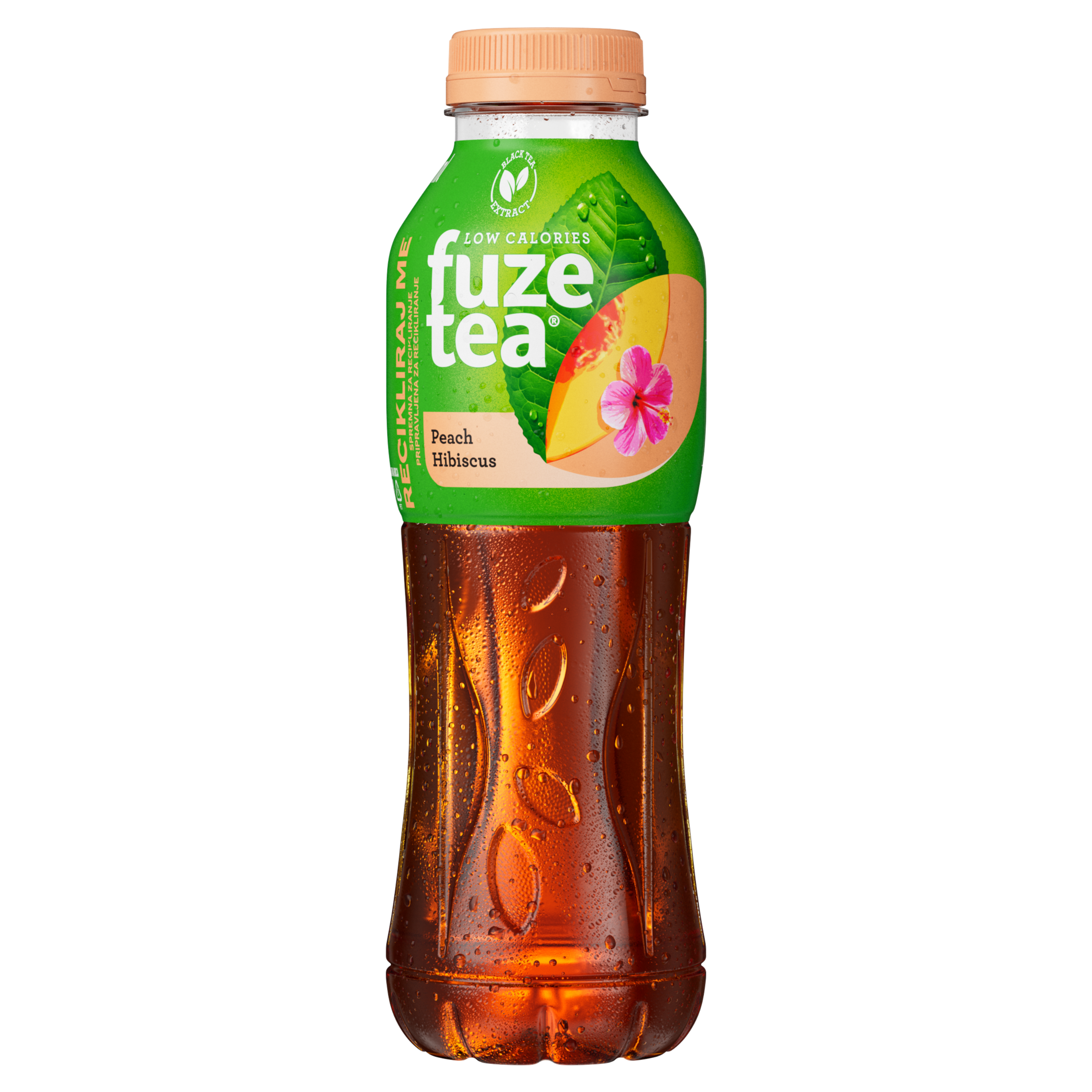 Posamezna plastenka vsebuje pijačo Fuzetea Peach & Hibiscus.