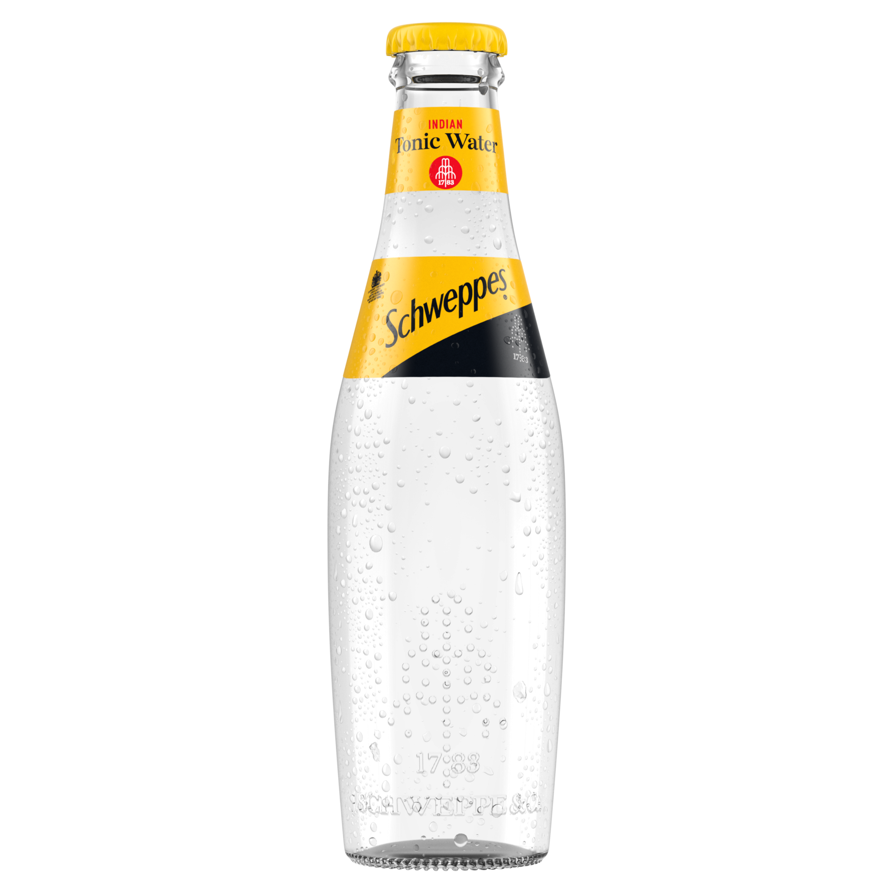 Steklenica Schweppes Indian Tonic Water z rumenim pokrovčkom in nalepko, obdana z drobnimi kapljicami na črnem ozadju.