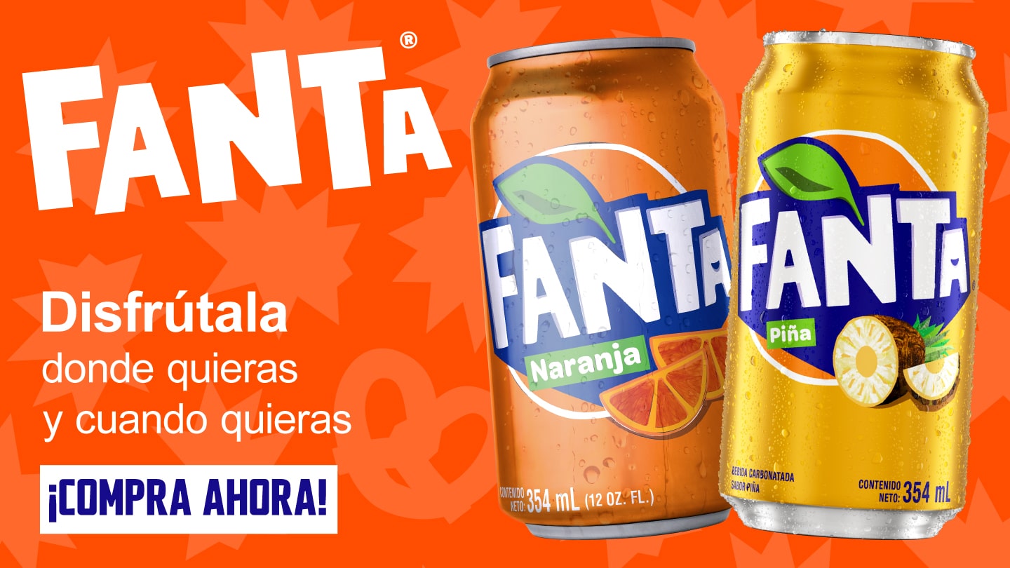 Dos latas de Fanta Sabor Naranja y Piña sobre un fondo naranja.