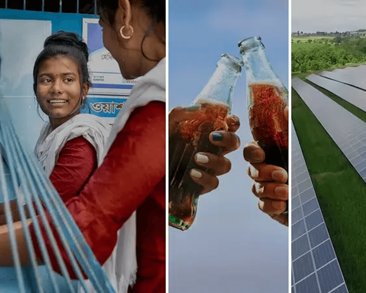 Tri slike, na prvoj djevojka toči vodu na česmi, na drugoj slici se nalaze Coca-Cola limenke koje jedna uz drugu čine natpis ljubav na engleskom (love) i treća slika pokazuje solarne panele.